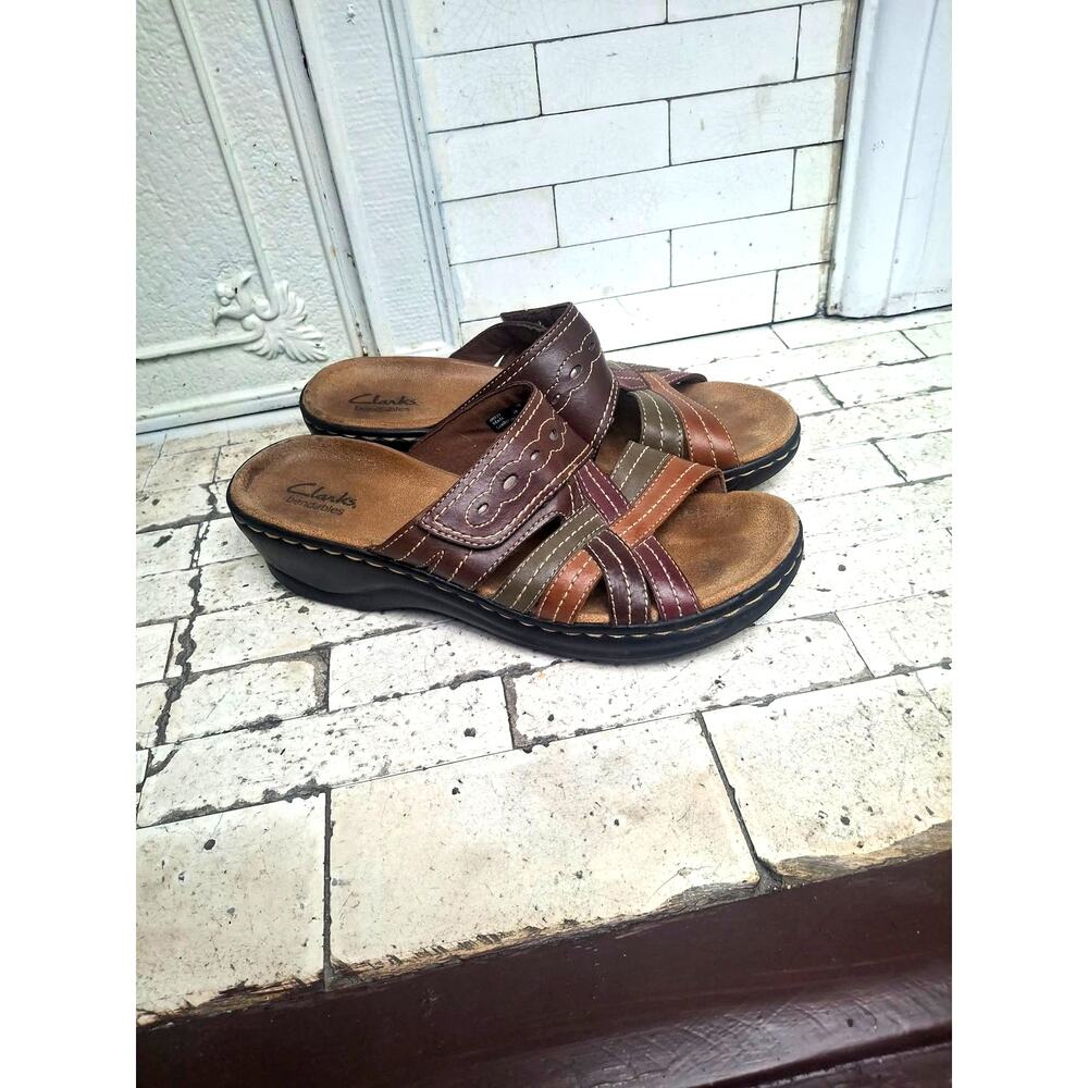 Clarks Bendables Leather Multi-Strap Wedge Slide Sandals 9M 60529 Boho Sandals